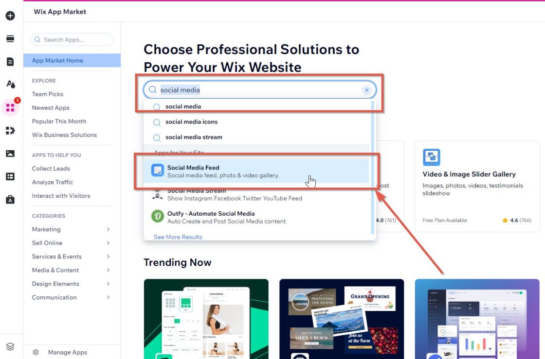 add social media stream using wix app market step 2