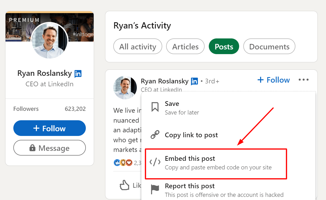 embed personal LinkedIn profile post step 3